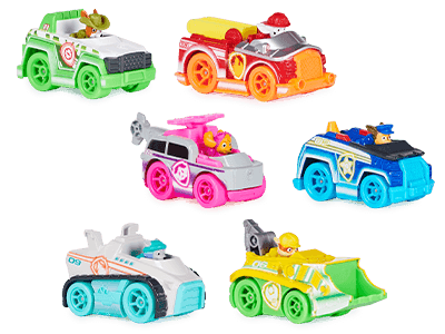 An image of the Neon Rescue Vehicles pack, including pups Tracker, Marshall, Skye, Chase, Everest, and Rubble